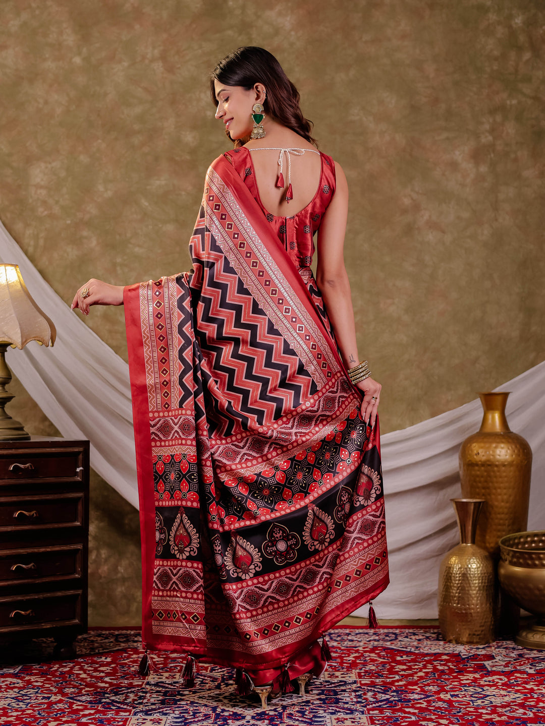 Brick Red Pure Chinnon Ajrakh Printed Saree with Tassel Edges, Chevron Zigzag Print, Designer Border & Matching Blouse Piece