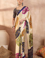 Cream Modal Silk Saree with Multicolor Patola-Inspired Print & Royal Purple Border | Designer Festive Wear Saree