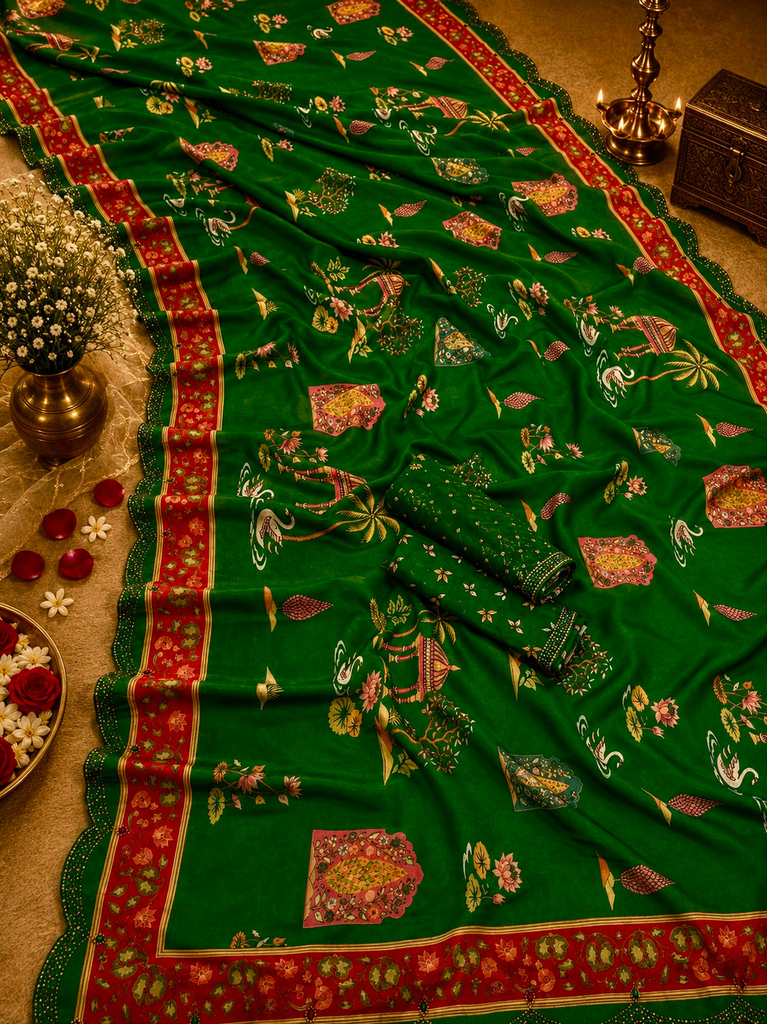 Emerald Green Modal Silk Traditional Motif Printed Saree with Swarovski Scalloped Border & Blouse Piece