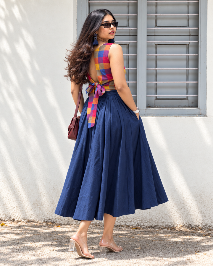 Madras Cotton Crop Top & Flared Skirt Set for Women – Multicolour Checks & Navy Blue