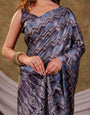 Slate Grey Pure Chinnon Ajrakh Printed Saree with Tassel Edges, Chevron Geometric Print, Designer Ethnic Border & Matching Blouse Piece