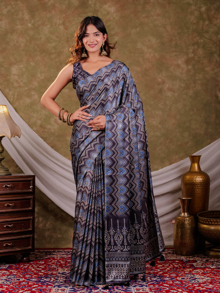 Slate Grey Pure Chinnon Ajrakh Printed Saree with Tassel Edges, Chevron Geometric Print, Designer Ethnic Border & Matching Blouse Piece
