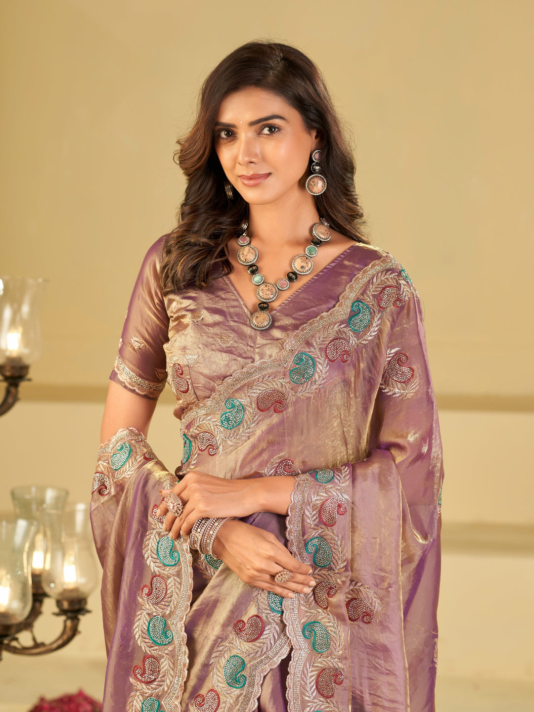 Lavender Designer Fendy Satin Saree with Multicolor Paisley Embroidery & Heavy Embroidered Border | Elegant Festive Party Wear Saree