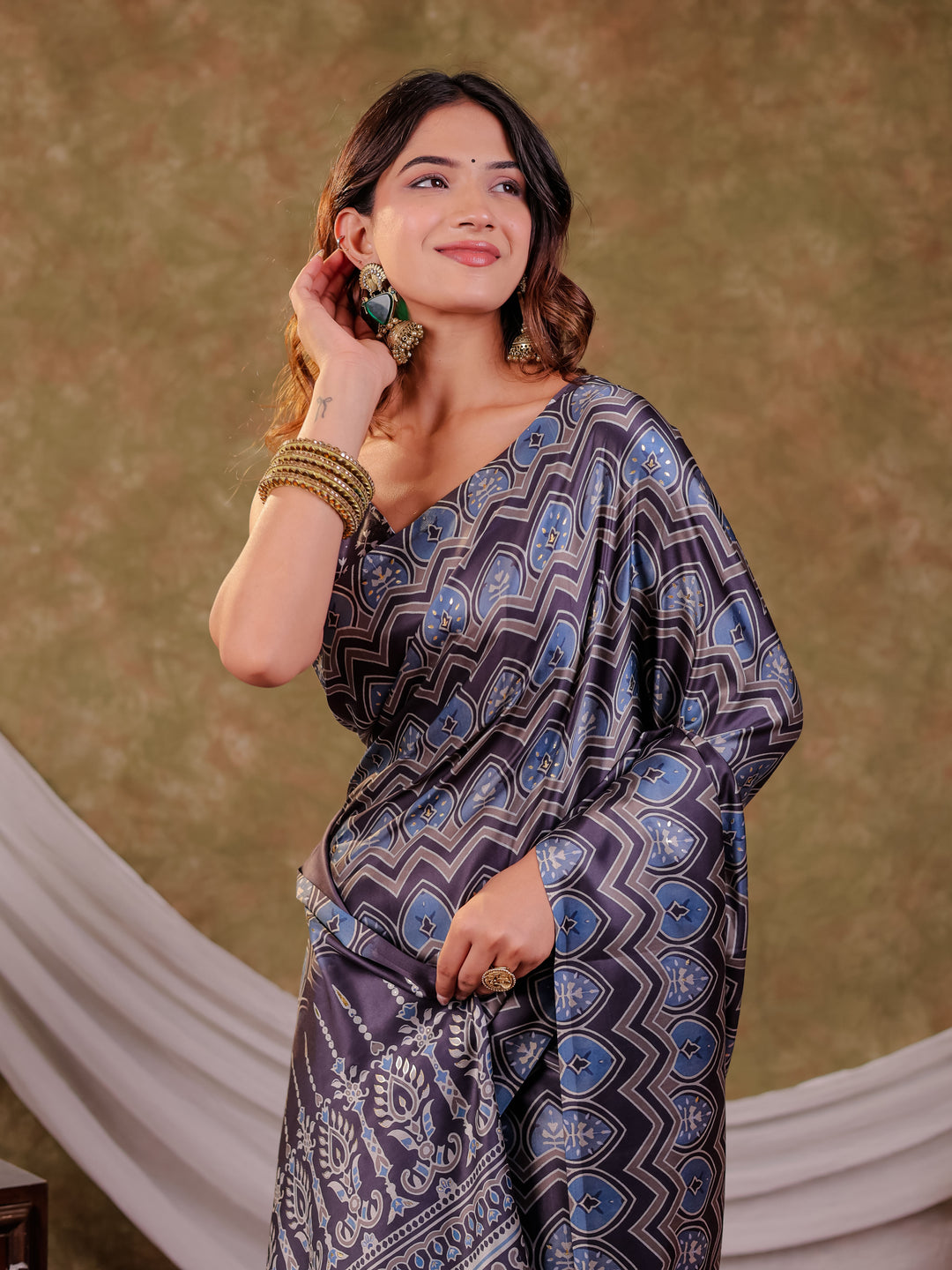 Slate Grey Pure Chinnon Ajrakh Printed Saree with Tassel Edges, Chevron Geometric Print, Designer Ethnic Border & Matching Blouse Piece