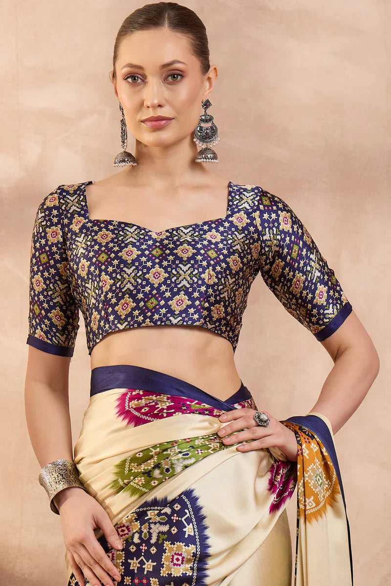 Cream Modal Silk Saree with Multicolor Patola-Inspired Print & Royal Purple Border | Designer Festive Wear Saree