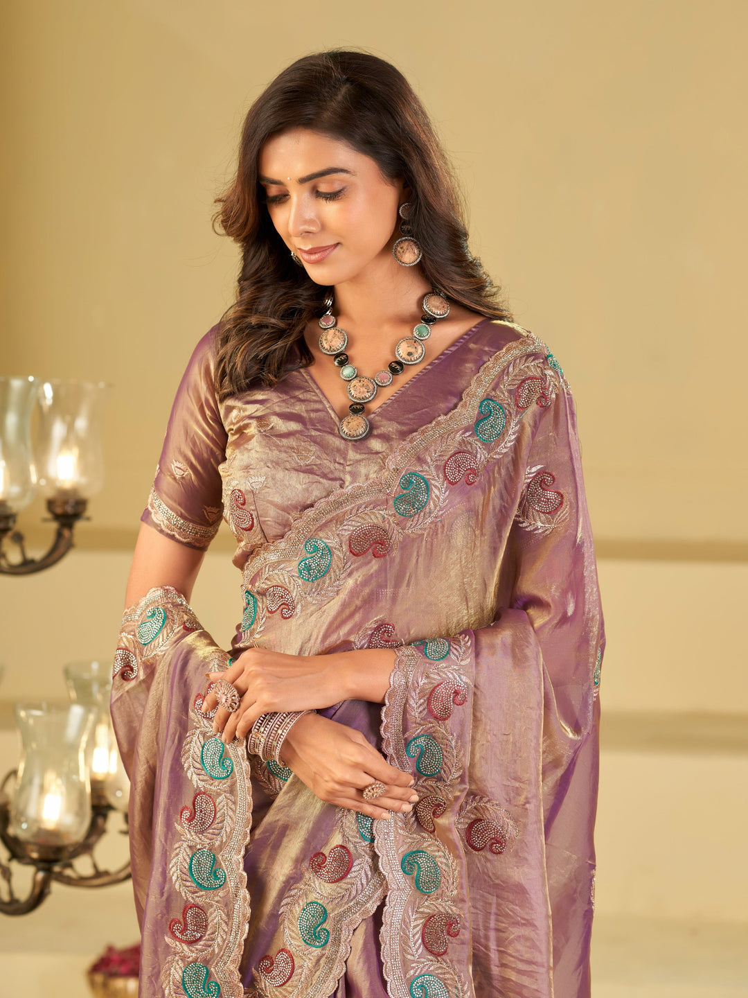 Lavender Designer Fendy Satin Saree with Multicolor Paisley Embroidery & Heavy Embroidered Border | Elegant Festive Party Wear Saree