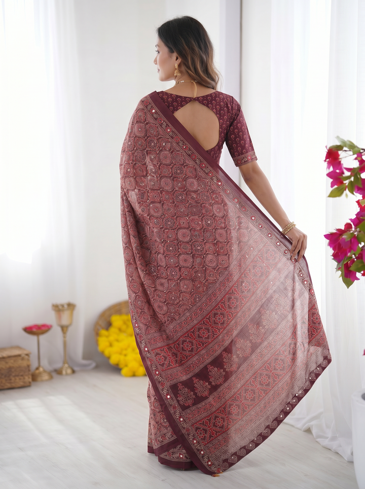 Ajrakh Chinnon Printed Saree with Tassel Detailing & Attached Blouse (No Mirror Work)