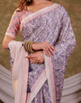 Lavender Floral Pure Chinnon Saree with Designer Border, All-Over Botanical Print, Tassel Edges & Matching Blouse Piece