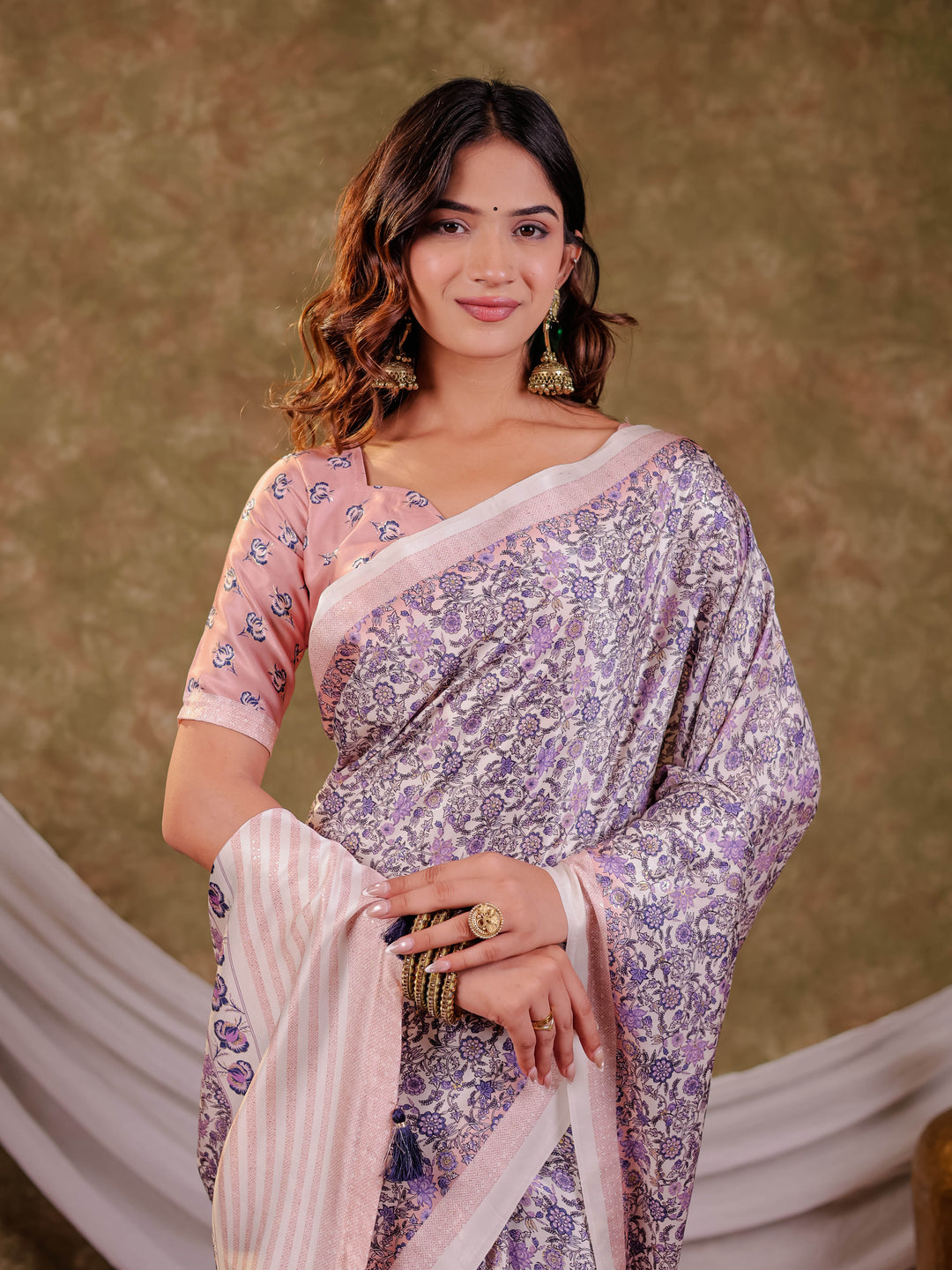 Lavender Floral Pure Chinnon Saree with Designer Border, All-Over Botanical Print, Tassel Edges & Matching Blouse Piece