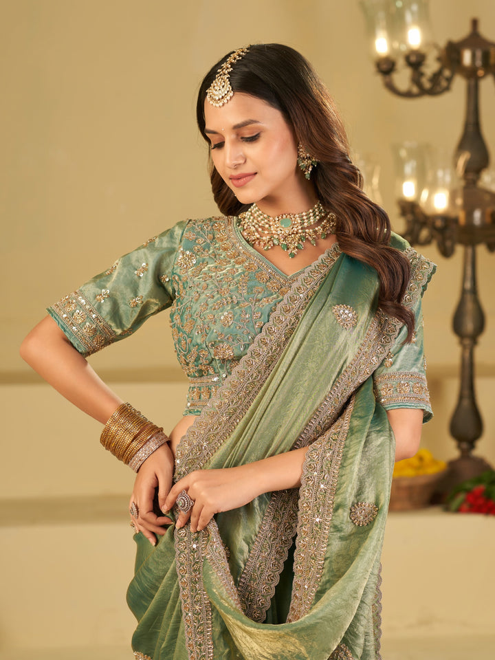 Sea Green Designer Fendy Satin Saree with Heavy Embroidered Blouse & Sequin Border | Premium Wedding Party Wear Saree