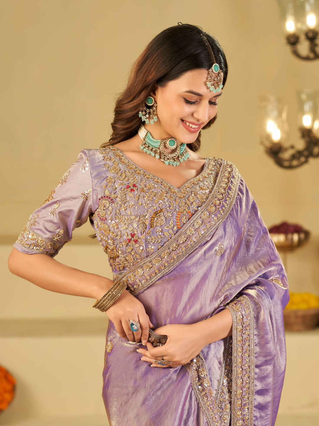 Lavender Designer Fendy Satin Saree with Heavy Embroidered Blouse & Stone Work Border | Premium Wedding Party Wear Saree