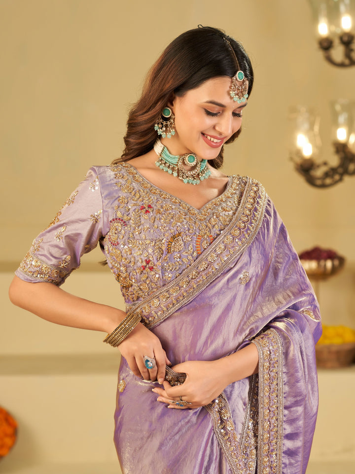 Lavender Designer Fendy Satin Saree with Heavy Embroidered Blouse & Stone Work Border | Premium Wedding Party Wear Saree