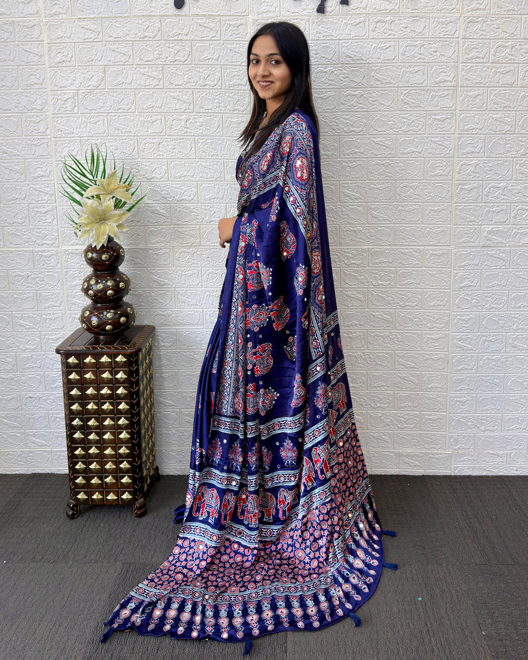 Royal Blue Modal Silk Saree with Elephant Motif Heritage Print & Designer Pallu | Traditional Festive Wear Saree