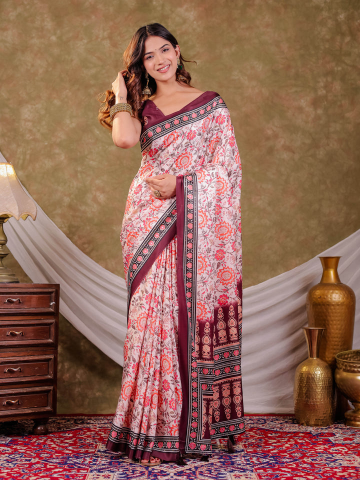 Ivory White Pure Chinnon Floral Printed Saree with Burgundy Border, Designer Pallu, Tassel Edges & Matching Blouse Piece