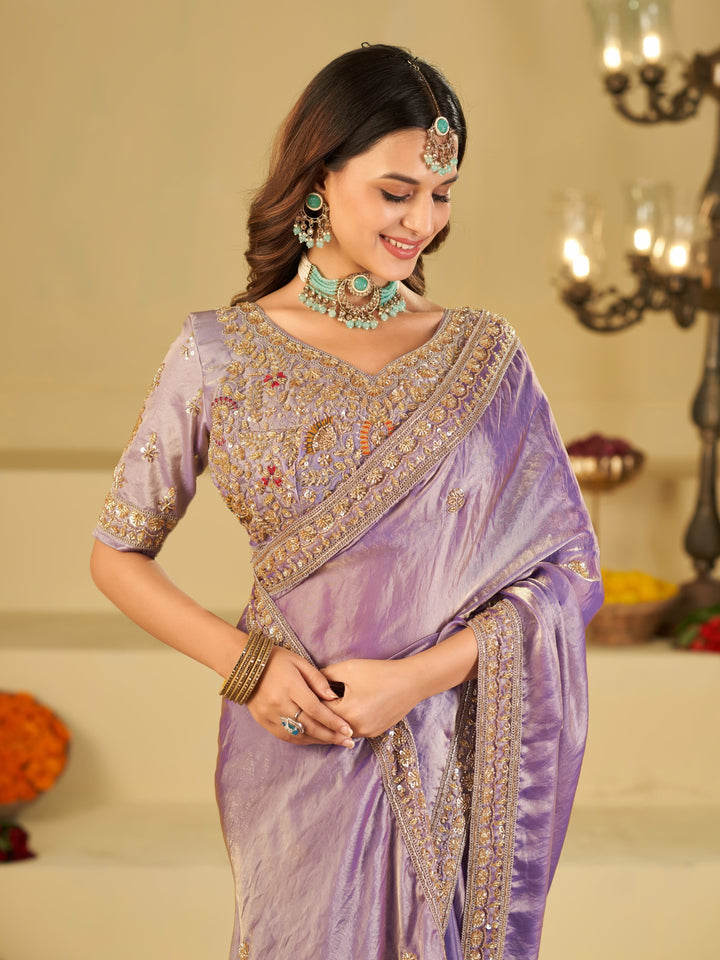 Lavender Designer Fendy Satin Saree with Heavy Embroidered Blouse & Stone Work Border | Premium Wedding Party Wear Saree