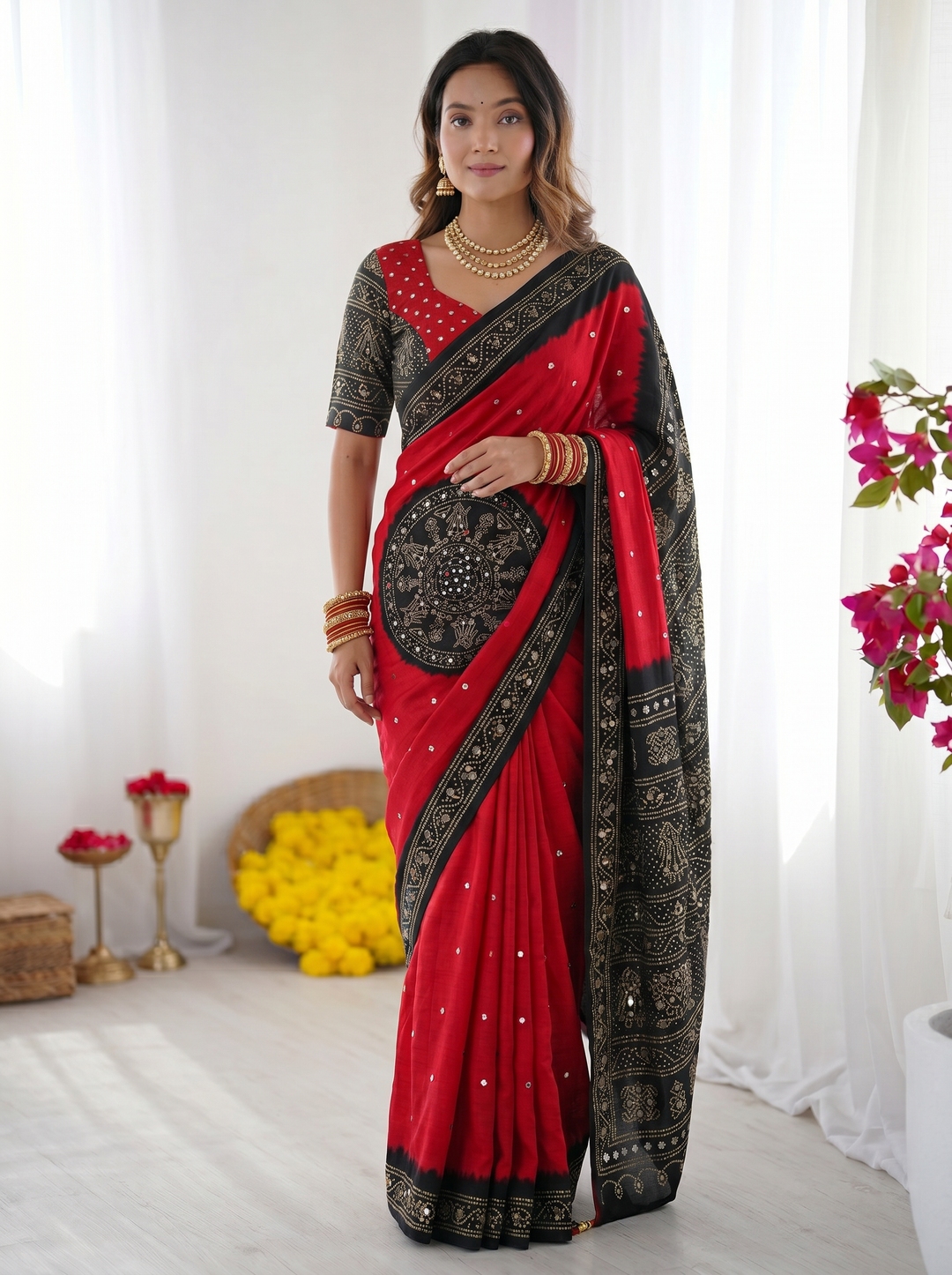 Ajrakh Chinnon Printed Saree with Tassel Detailing & Attached Blouse (No Mirror Work)