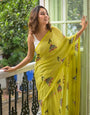 Lime Green Mul Cotton Saree with Embroidered Doll Motifs & Floral Detailing
