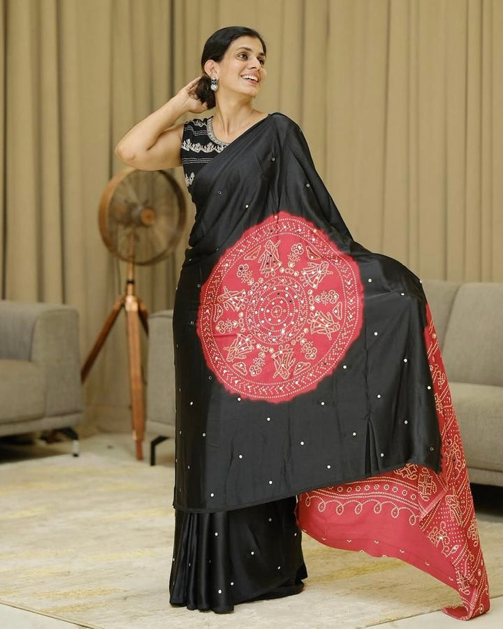 Ajrakh Chinnon Printed Saree with Tassel Detailing & Attached Blouse (No Mirror Work)