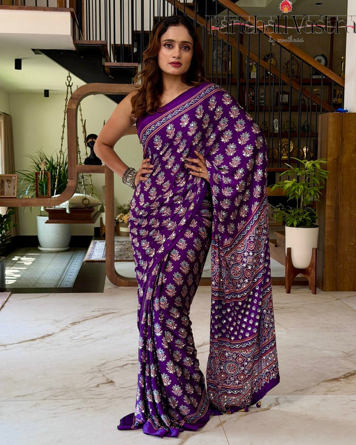 Ajrakh Chinnon Printed Saree with Tassel Detailing & Attached Blouse (No Mirror Work)