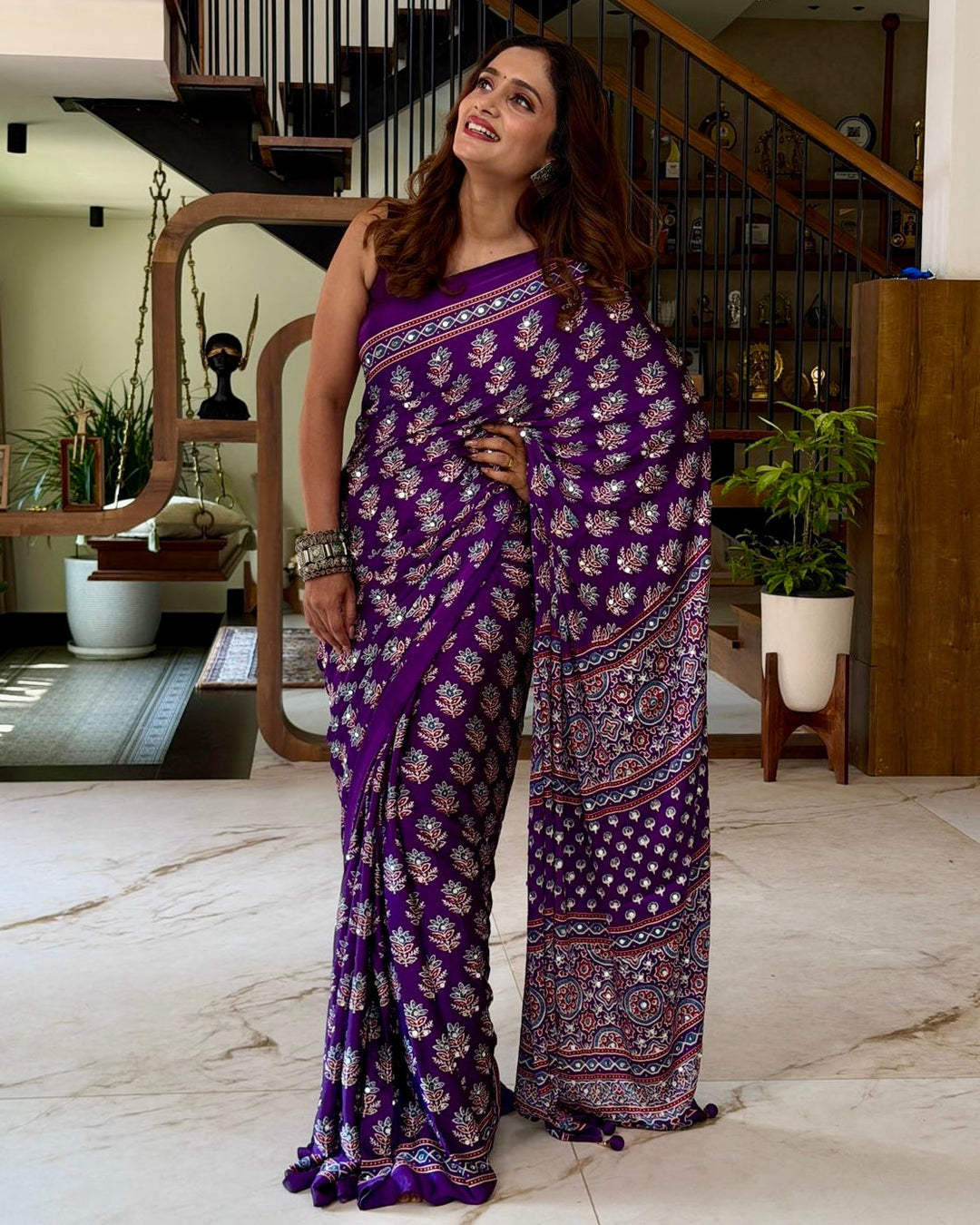 Ajrakh Chinnon Printed Saree with Tassel Detailing & Attached Blouse (No Mirror Work)