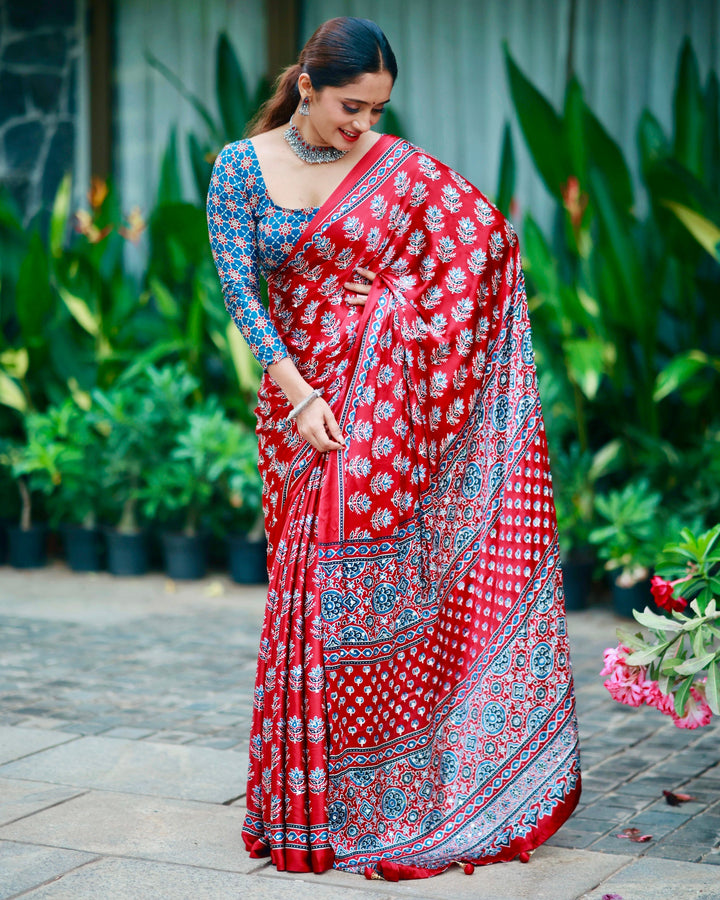 Ajrakh Chinnon Printed Saree with Tassel Detailing & Attached Blouse (No Mirror Work)