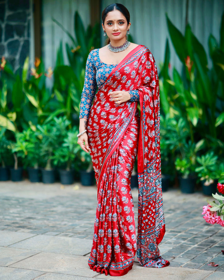 Ajrakh Chinnon Printed Saree with Tassel Detailing & Attached Blouse (No Mirror Work)