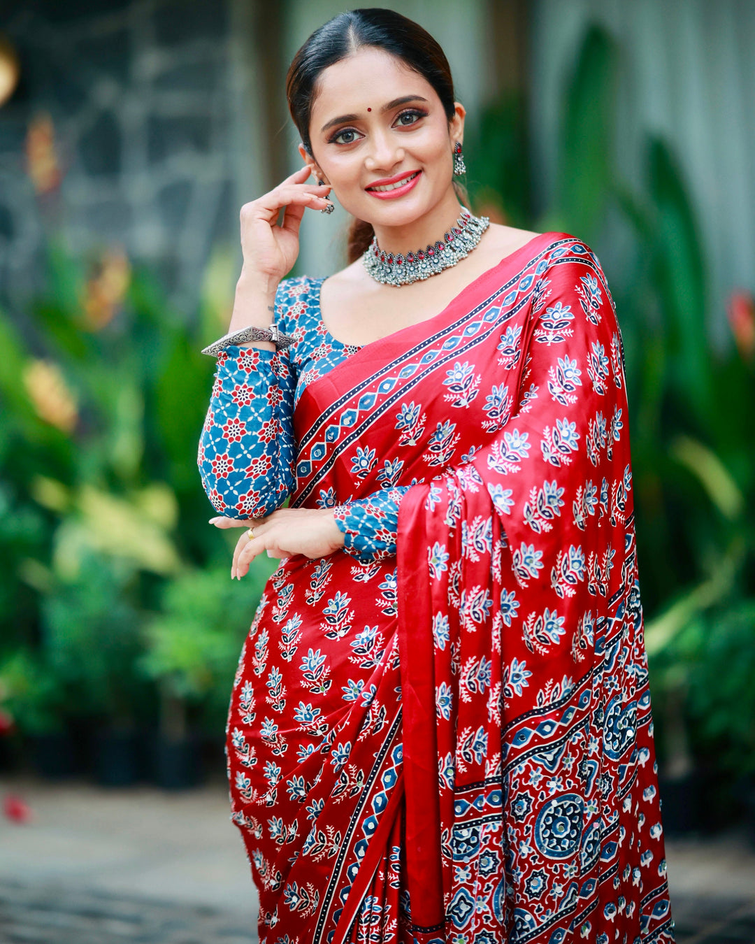 Ajrakh Chinnon Printed Saree with Tassel Detailing & Attached Blouse (No Mirror Work)