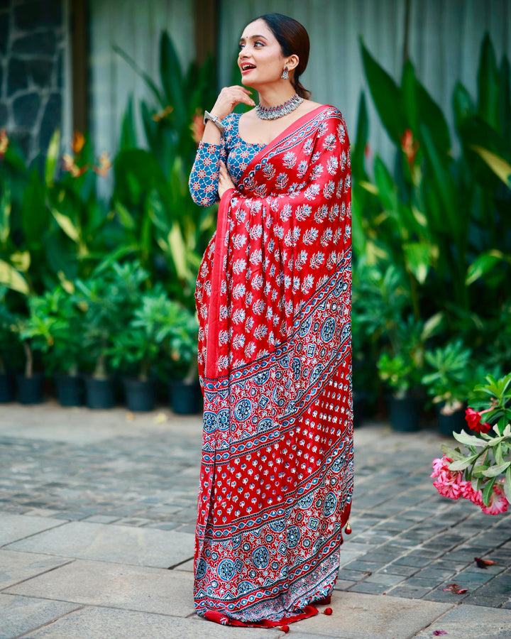 Ajrakh Chinnon Printed Saree with Tassel Detailing & Attached Blouse (No Mirror Work)