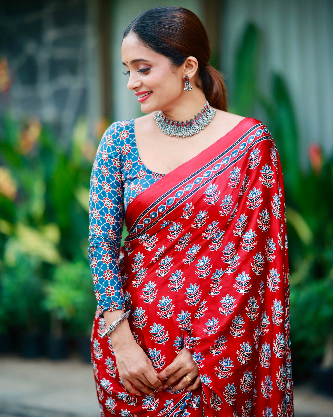 Ajrakh Chinnon Printed Saree with Tassel Detailing & Attached Blouse (No Mirror Work)
