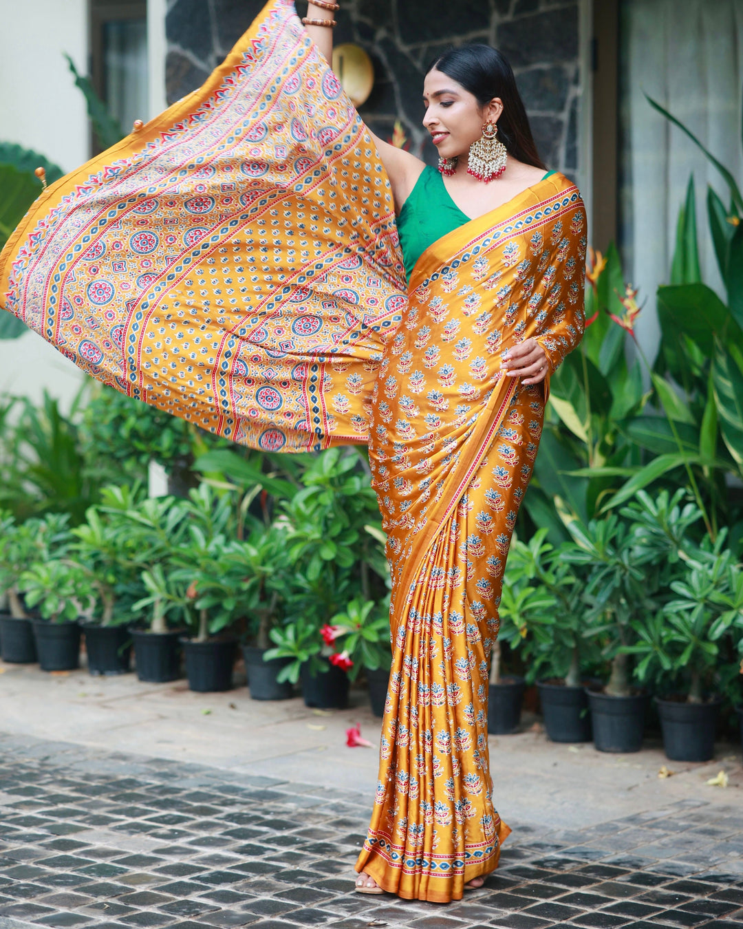 Ajrakh Chinnon Printed Saree with Tassel Detailing & Attached Blouse (No Mirror Work)