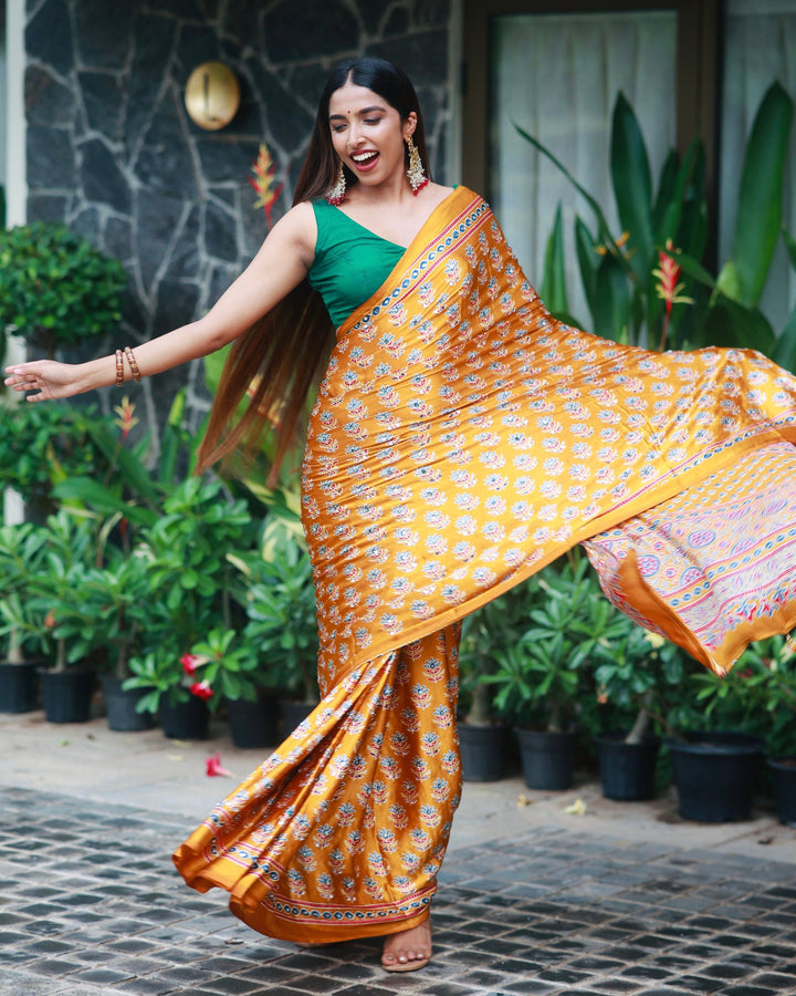 Ajrakh Chinnon Printed Saree with Tassel Detailing & Attached Blouse (No Mirror Work)