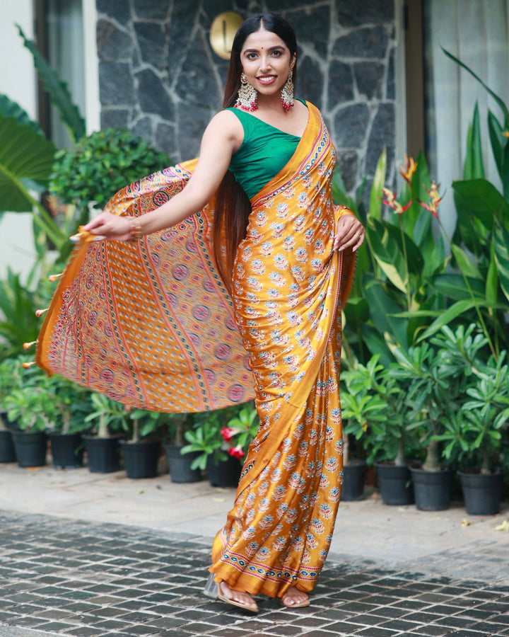 Ajrakh Chinnon Printed Saree with Tassel Detailing & Attached Blouse (No Mirror Work)