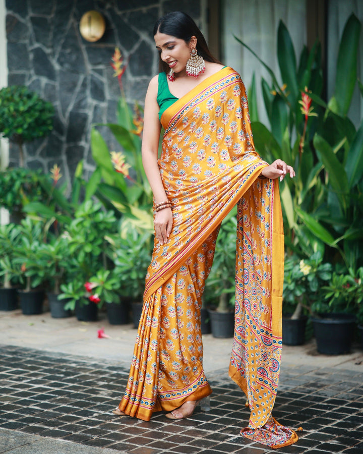 Ajrakh Chinnon Printed Saree with Tassel Detailing & Attached Blouse (No Mirror Work)