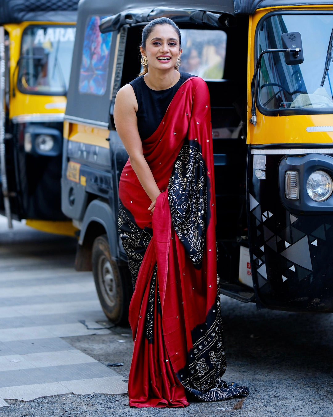 Women’s Ruby Red Pure Modal Silk Saree with Black Folk Art Border & Traditional Tribal Print Designer Pallu
