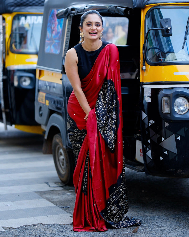 Women’s Ruby Red Pure Modal Silk Saree with Black Folk Art Border & Traditional Tribal Print Designer Pallu