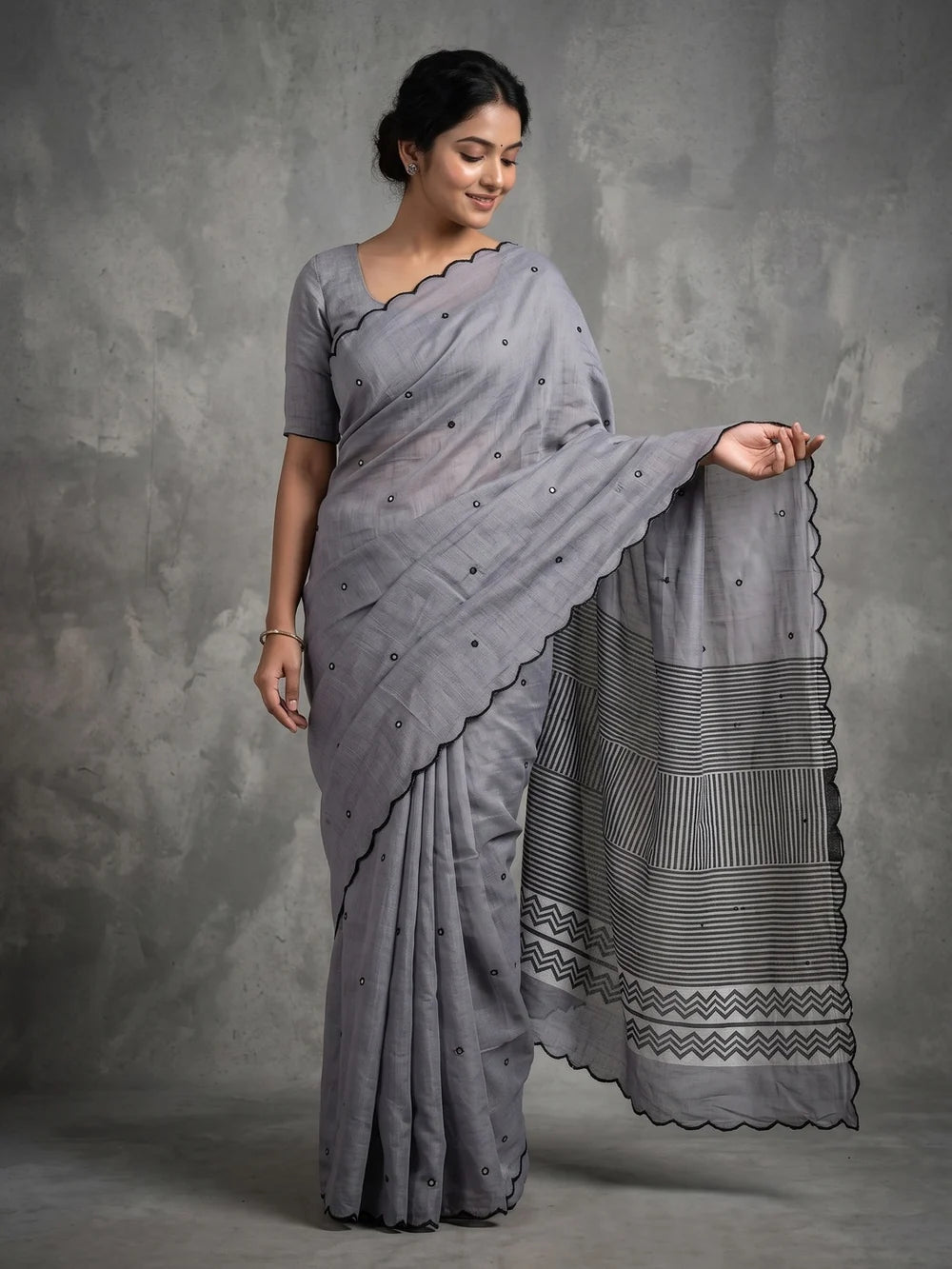 Grey Mul Cotton Saree with Aari Foil Mirror Work, Embroidered Arco Border & Striped Printed Pallu with Blouse Piece