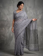 Grey Mul Cotton Saree with Aari Foil Mirror Work, Embroidered Arco Border & Striped Printed Pallu with Blouse Piece