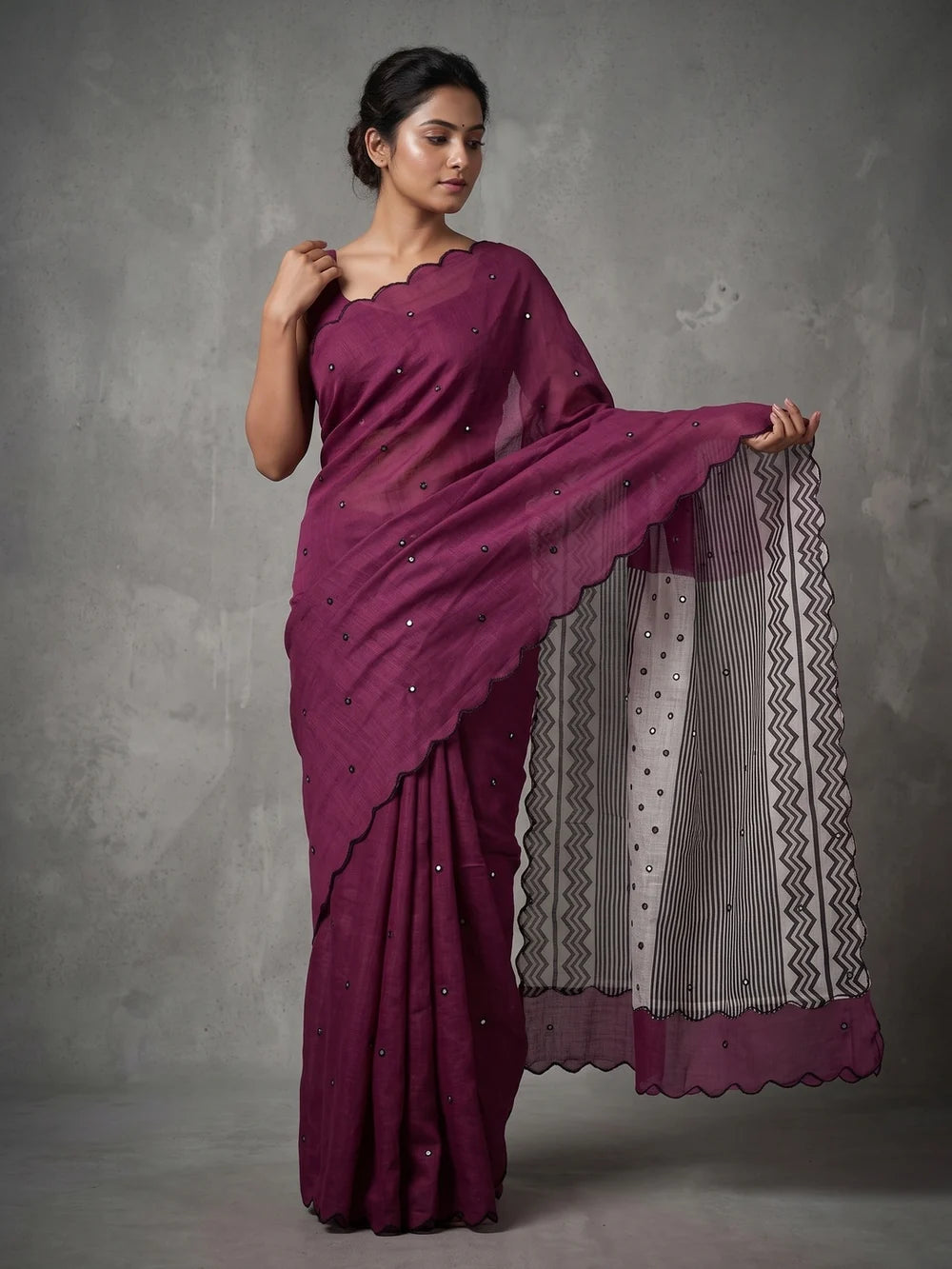 Wine Mul Cotton Saree with Aari Foil Mirror Work, Embroidered Arco Border & Contrast Printed Pallu with Blouse Piece