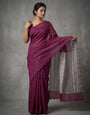 Wine Mul Cotton Saree with Aari Foil Mirror Work, Embroidered Arco Border & Contrast Printed Pallu with Blouse Piece