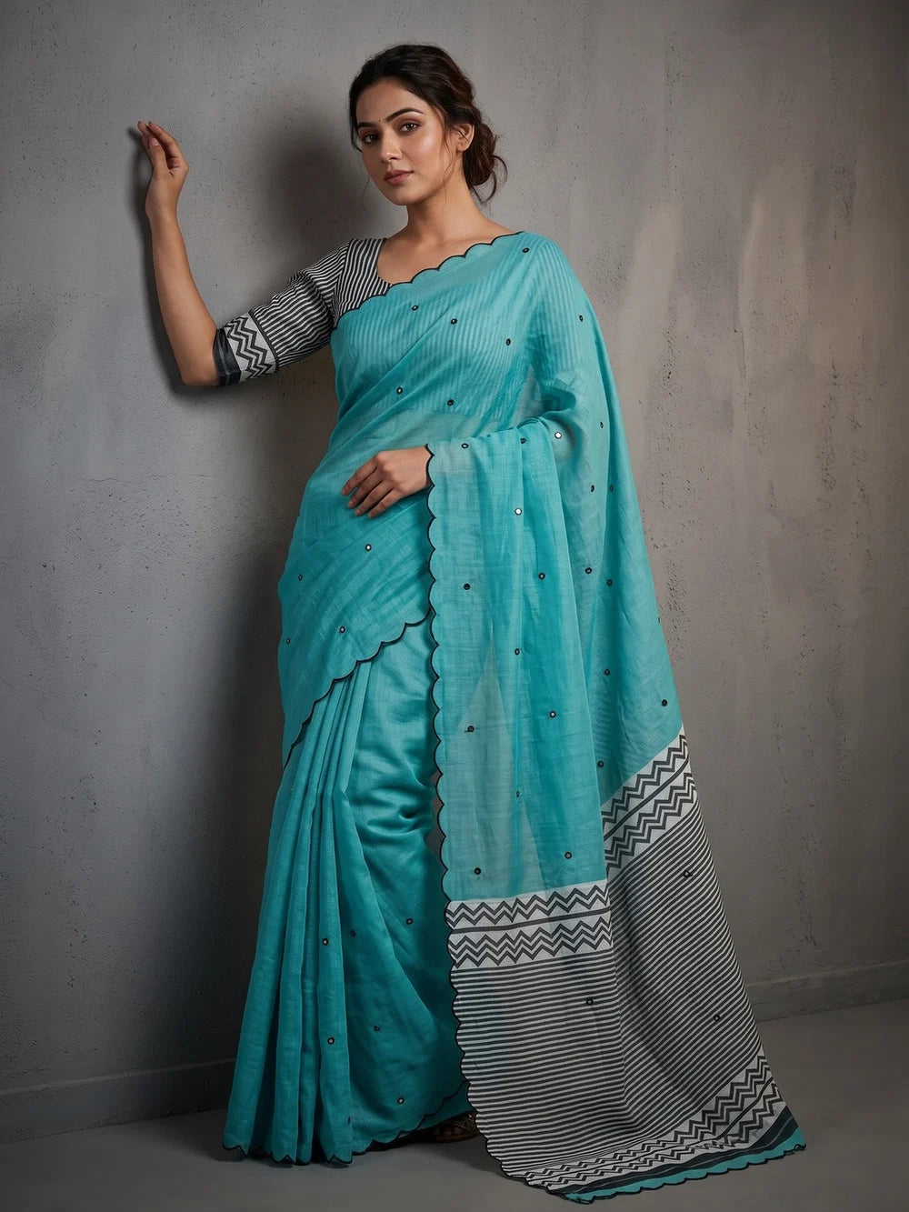 Aqua Blue Mul Cotton Saree with Aari Foil Mirror Work, Embroidered Arco Border & Contrast Printed Pallu with Blouse Piece