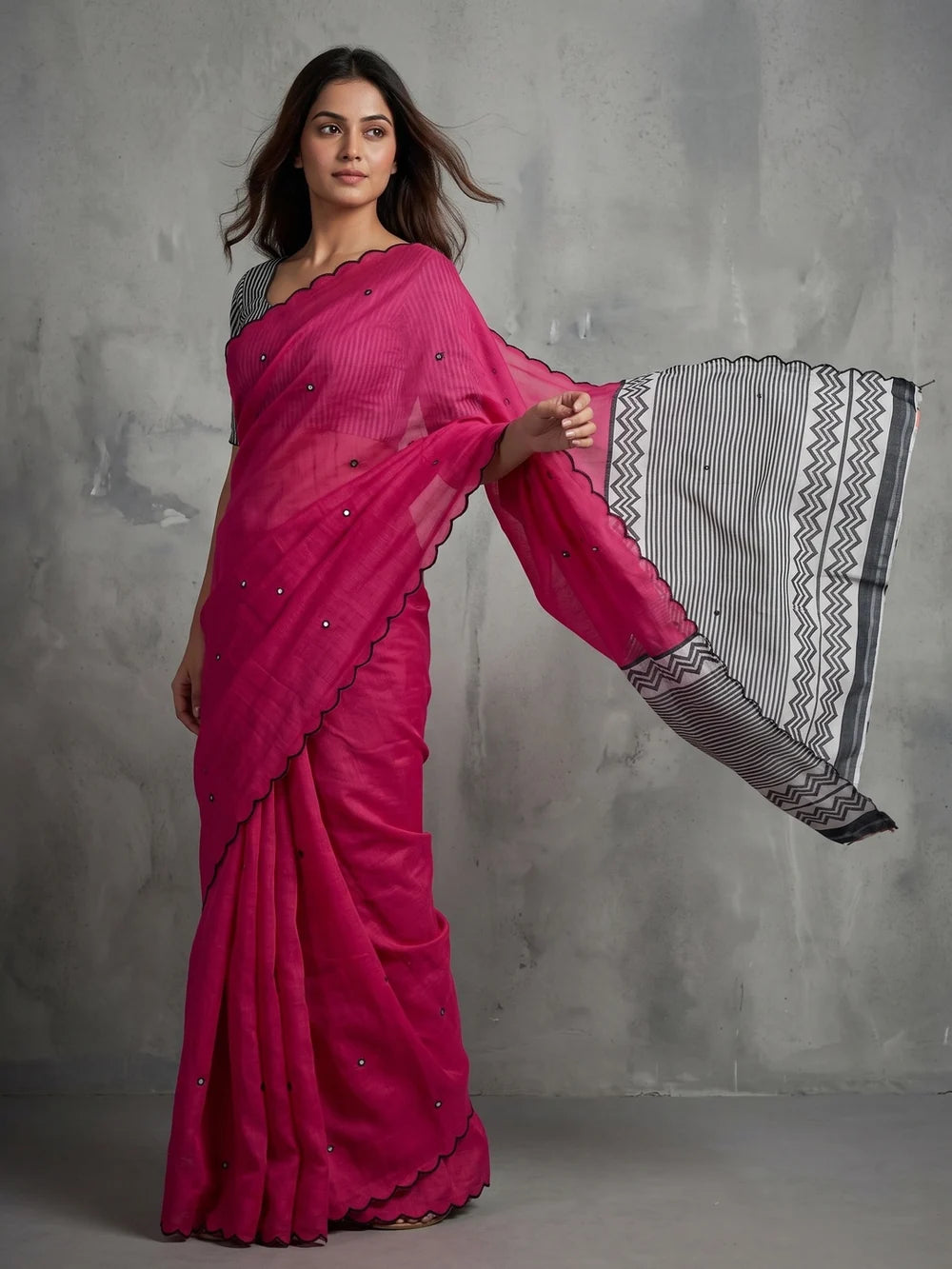 Rani Pink Mul Cotton Saree with Aari Foil Mirror Work, Embroidered Arco Border & Contrast Printed Pallu with Blouse Piece