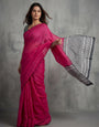 Rani Pink Mul Cotton Saree with Aari Foil Mirror Work, Embroidered Arco Border & Contrast Printed Pallu with Blouse Piece