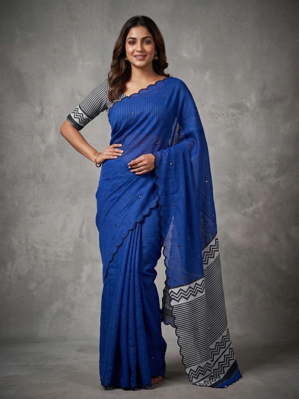 Royal Blue Mul Cotton Saree with Aari Foil Mirror Work, Embroidered Arco Border & Contrast Printed Pallu with Blouse Piece