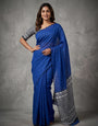 Royal Blue Mul Cotton Saree with Aari Foil Mirror Work, Embroidered Arco Border & Contrast Printed Pallu with Blouse Piece