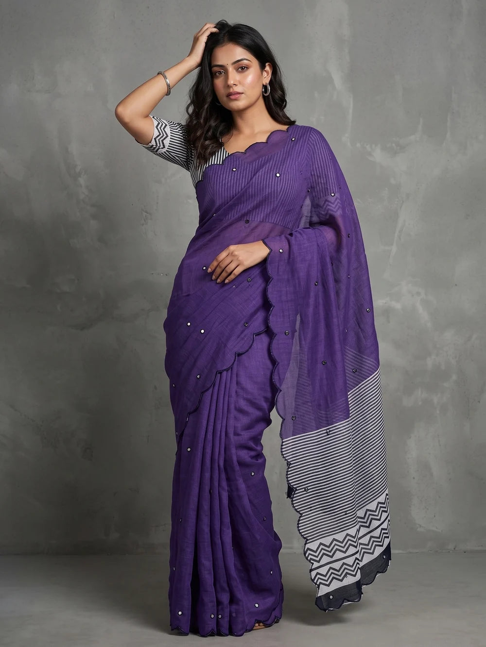 Purple Mul Cotton Saree with Aari Foil Mirror Work, Embroidered Arco Border & Contrast Printed Pallu with Blouse Piece