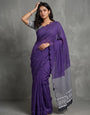 Purple Mul Cotton Saree with Aari Foil Mirror Work, Embroidered Arco Border & Contrast Printed Pallu with Blouse Piece