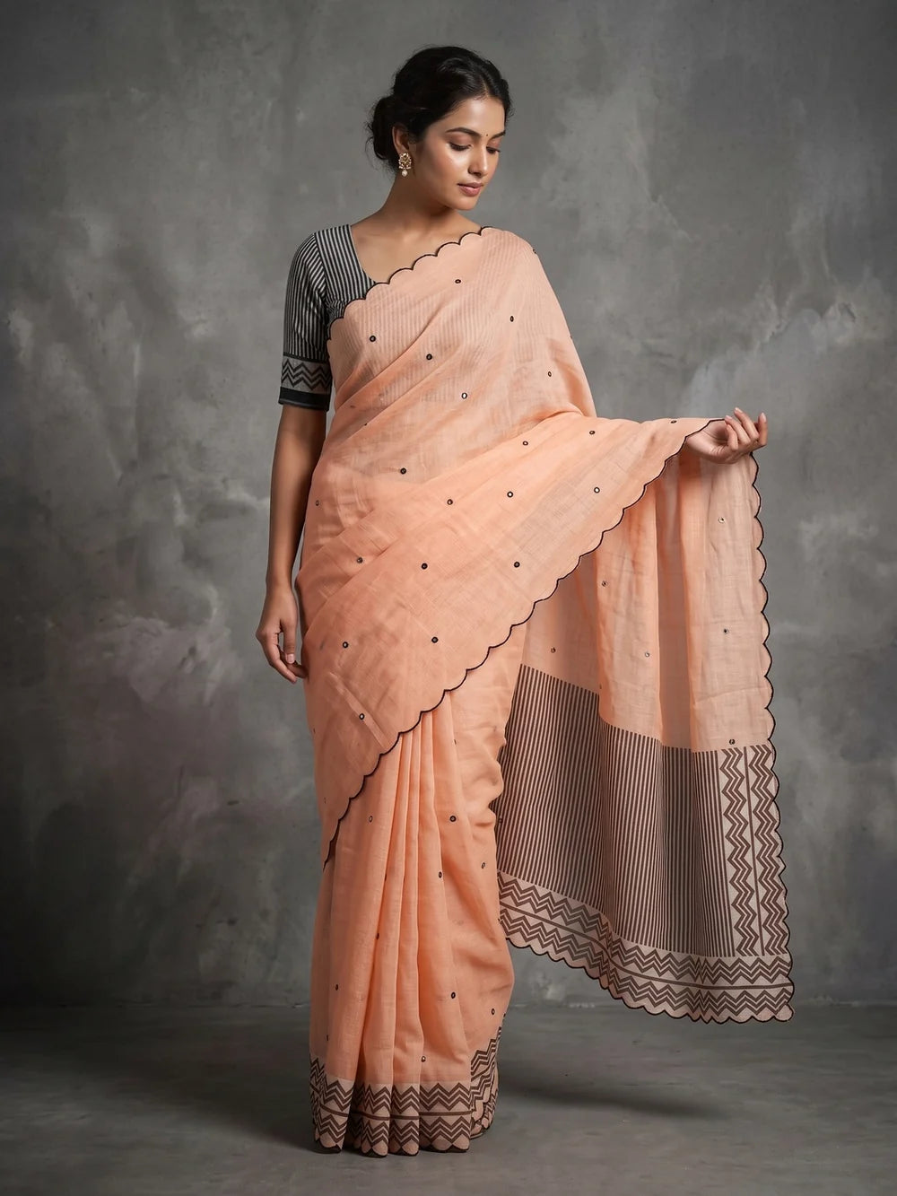 Peach Mul Cotton Saree with Aari Foil Mirror Work, Embroidered Arco Border & Contrast Printed Pallu with Blouse Piece