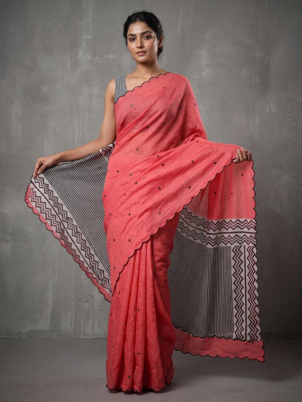 Coral Pink Mul Cotton Saree with Aari Foil Mirror Work, Embroidered Arco Border & Contrast Printed Pallu with Blouse Piece