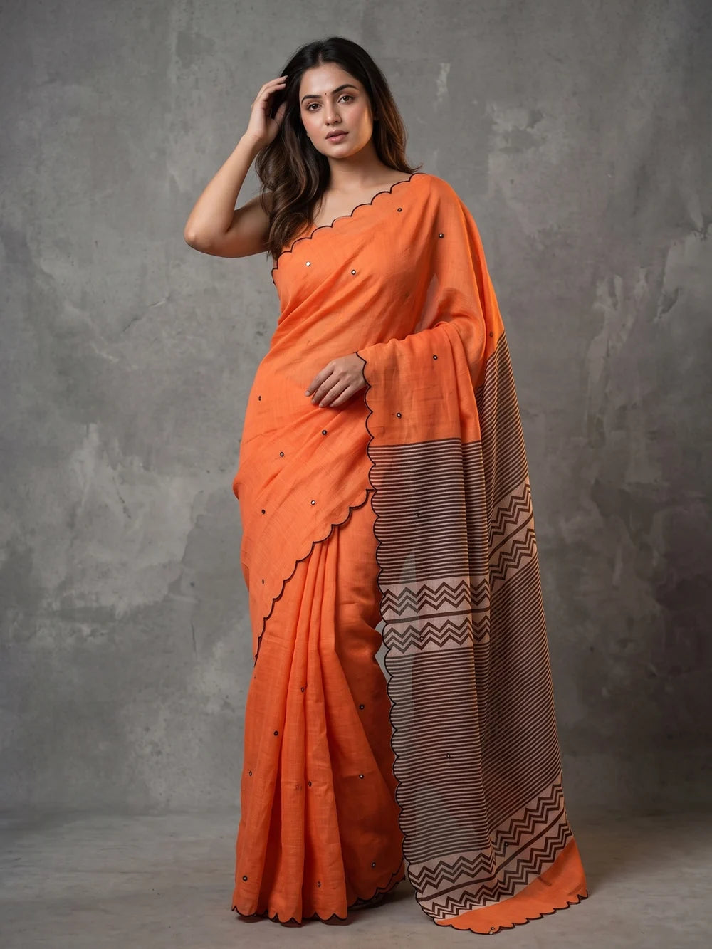 Orange Mul Cotton Saree with Aari Foil Mirror Work & Embroidered Arco Border with Blouse Piece