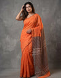 Orange Mul Cotton Saree with Aari Foil Mirror Work & Embroidered Arco Border with Blouse Piece